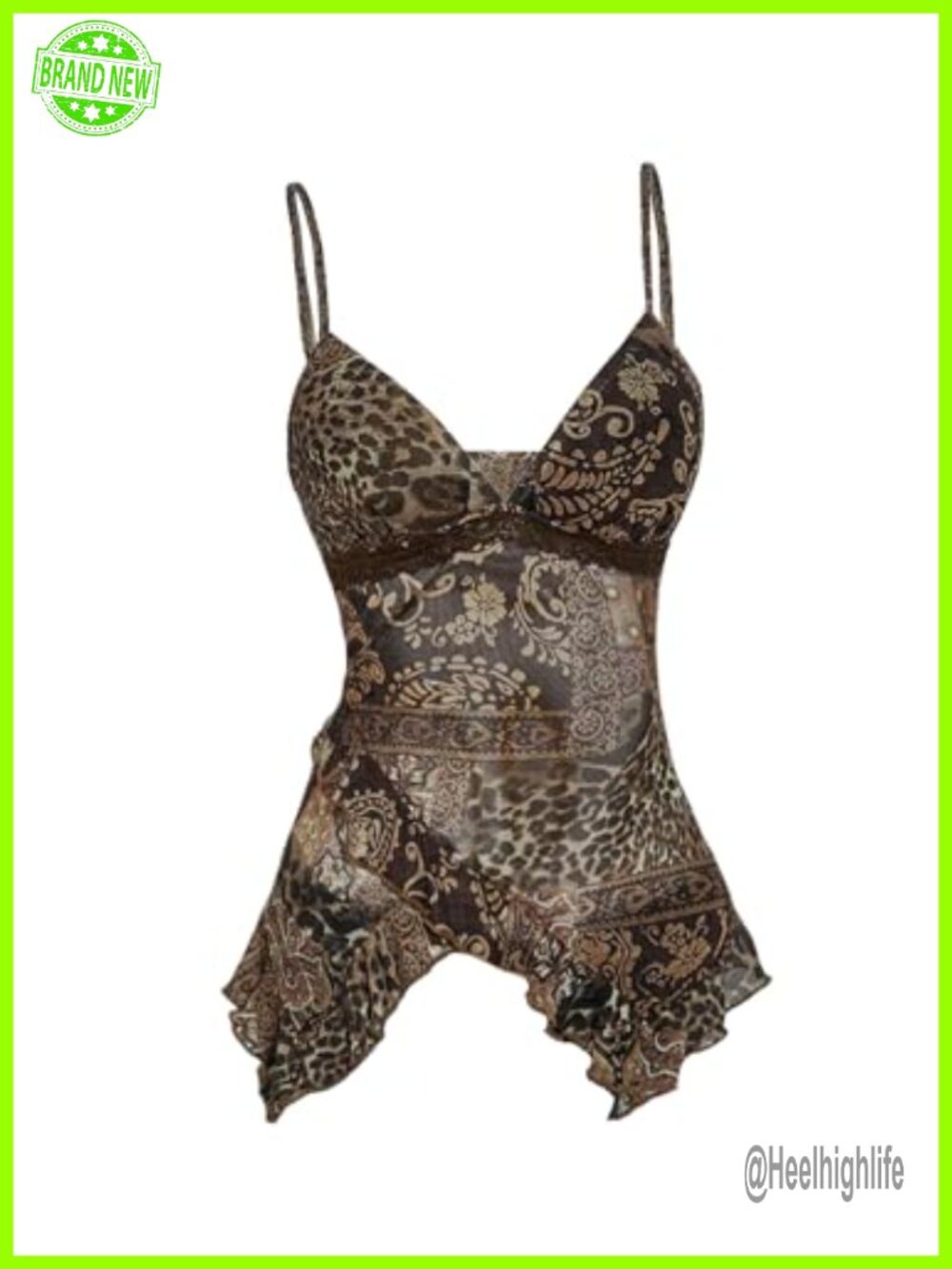 Y2K Paisley Ruffle Sheer Mesh Cami Babydoll Top